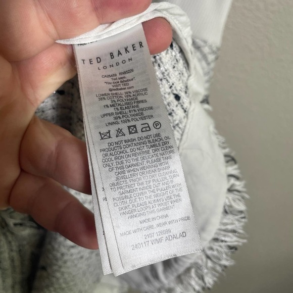 Ted Baker 4 Adalad Metallic Shift Dress White Gray Knit Tweed Fringe Sleeveless - Picture 8 of 9